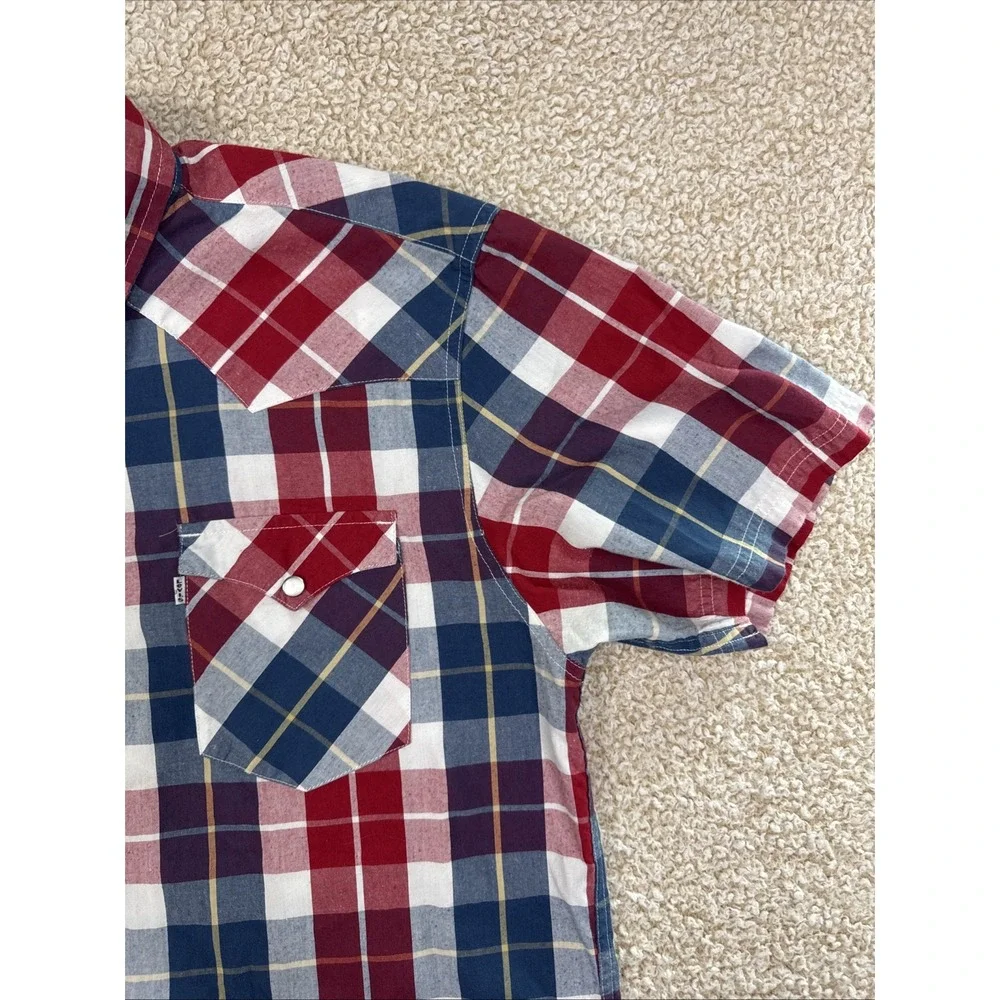 Levi's Flannel Plaid Pearl Snap Button Up Shirt Mens XL Red White Blue Standard